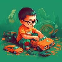 Boy playing with toy car, cartoon illustration with photo