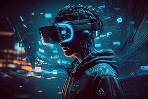 illustration of man with virtual reality VR goggle playing AR augmented reality game and entertainment, futuristic metaverse gameFi NFT game ideas photo