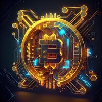 illustration of bit coin bioluminescence, vibrant, dreamy, crepuscular rays, cyberpunk Bitcoin sign with a universal, high tech detail, lighting photo