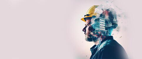 illustration of building construction engineering project devotion with double exposure design in head. Industrial and architecture. Neural network generated art. photo