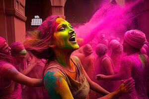 illustration of crowd of fans at concert, Dance, sing, and splatter colored water and paint all over the place to celebrate the festival of colors photo