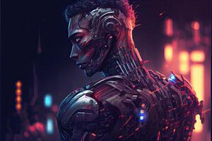 illustration of robot turning human still have skin, into cyborg, cyberpunk background photo