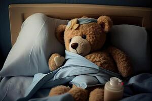 generativo ai ilustración de un osito de peluche oso tendido en cama y sensación enfermo foto