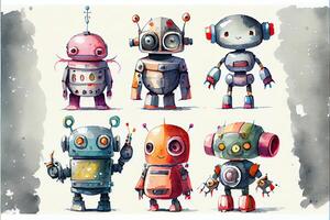 illustration of a cute robot collection on white background with margins, watercolor photo