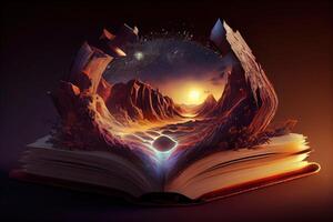 illustration of book of knowledge, universe, fantasy epic atmosphere, beautiful visual effects. Knowledge open new world. photo