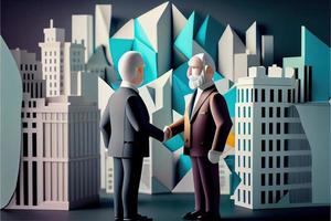 Business man in the city background, colorful. Business handshaking, successful concept. Paper cut craft, 3d paper illustration style. Neural network generated art. photo