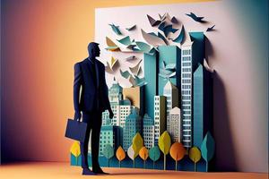 Business man in the city background, colorful. Business handshaking, successful concept. Paper cut craft, 3d paper illustration style. Neural network generated art. photo