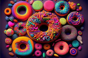 illustration of trippy doughnut collage detailed vibrant colors, splatters, giant glistening doughnut , floating in free space, pastel back drop. Digitally generated image photo