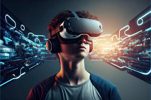 illustration of an enthusiastic young men wearing virtual reality goggles is inside the metaverse. Metaverse concept and virtual world elements. Neural network art photo
