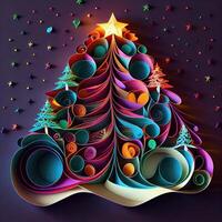 illustration of photo paper cut quilling multidimensional paper cut, craft paper illustration, christmas tree and colored lights vine stars, pop color. Neural network generated art.