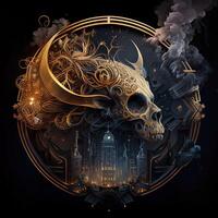 illustration of cyberpunk Zodiac sign with a industrial smoke, mechanic detail on shoulders, pollution, centered inside intricate gold and fire circle of city and Skyscrapers, steam punk photo