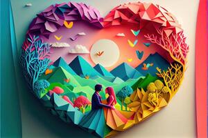 illustration of origami Valentine day background, happy couple, colorful. Paper cut craft, 3d paper style. Neural network generated art. Digitally generated image photo