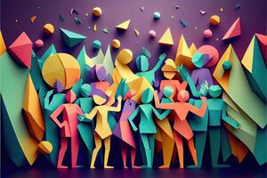 generativo ai ilustración de personas en nuevo años víspera fiesta fondo, hombres y mujer celebrando Días festivos juntos, ir de fiesta, aplausos y baile. papel cortar artesanía, 3d papel ilustración estilo. foto