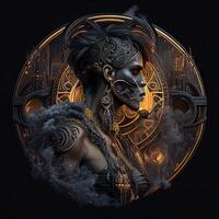 illustration of cyberpunk Zodiac sign with a industrial smoke, mechanic detail on shoulders, pollution, centered inside intricate gold and fire circle of city and Skyscrapers, steam punk photo