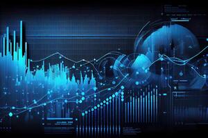 illustration of financial charts, futuristic, silhouette crypto currency market, isometric, blue background photo