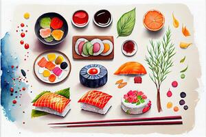 illustration of knolling japanese cuisine food, watercolor paint style, set of asian food photo