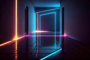 illustration of an abstract dark neon geometric background, set inside a dark and empty room with glowing laser lines on the walls, a wet concrete floor, with neon light reflections photo