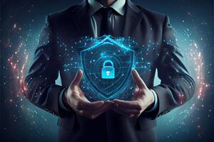 illustration of Businessman holding a Shield with a padlock in his hand on a global network connection. Digital lock icon, cyber security network and data protection technology photo