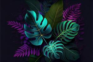 illustration of Dark green tropical leaves colorful neon light, backlight, leaves composition, plant background, manstera, palm leaves photo