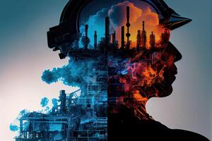 illustration of a double exposure worker head, an oil, gas, and petrochemical refinery facility demonstrates the future of electricity and the engineer photo
