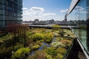 illustration of Gorgeous garden on the rooftop of a contemporary glass office building in Asia photo