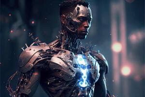 illustration of robot turning human still have skin, into cyborg, cyberpunk background photo