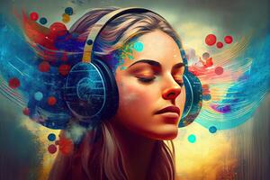 illustration of woman in sound healing therapy and meditation and healing, uses aspects of music to improve health and well being, can help your meditation and relaxation at home photo