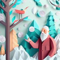 illustration of origami winter background, joyful elderly, colorful. Paper cut craft, 3d paper illustration style. Neural network generated art. photo