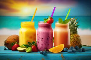 illustration of smoothies and juices made from a variety of fresh fruits from the tropics. Clean eating, a healthy diet, and vitamin infused beverages are concepts, blurred background photo