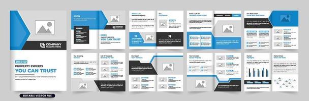 House sale promotional magazine template vector with blue and dark colors. Modern real estate agency portfolio booklet layout design with blue and dark colors. Home selling business brochure vector.