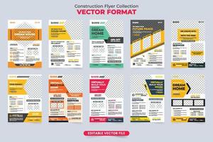 construcción negocio volantes modelo colección con amarillo y rojo colores. real inmuebles negocio promocional volantes conjunto vector con foto marcadores de posición hogar reparar y personal de mantenimiento Servicio póster manojo.