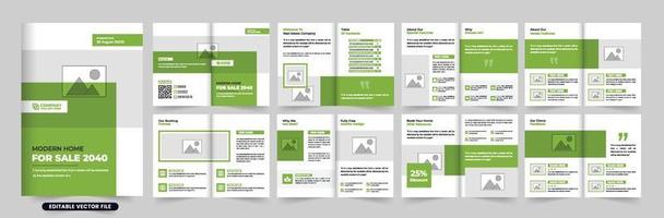 Modern home selling business brochure template vector with photo placeholders. Real estate business promotion portfolio design with green and dark colors. Modern house sale magazine template vector.