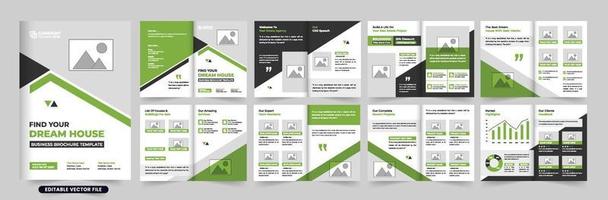 Creative real estate magazine template vector with green and dark colors. Home selling business promotional booklet layout design with photo placeholders. House-selling real estate agency brochure.