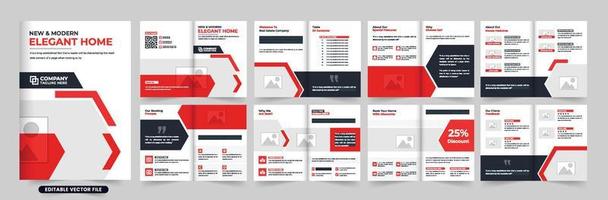 Real estate agency portfolio and profile layout vector with red and dark colors. Modern home-selling business magazine template design with photo placeholders. House sale promotional booklet vector.