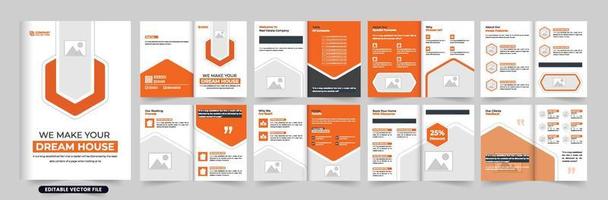 Real estate business promotional magazine and portfolio layout vector with photo placeholders. Modern home sale booklet and profile design with orange and dark colors. House sale brochure vector.