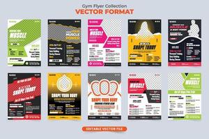 Gym flyer template collection with photo placeholders. Modern gym management business promotional poster and flyer bundle. Fitness and bodybuilding center advertisement flyer layout set vector. vector