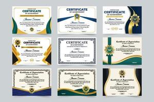 Achievement certificate and credential design collection for academic and official uses. Professional award certificate set vector with colorful border and shapes. Business appreciation paper bundle.