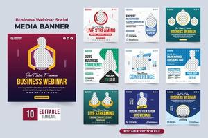 Marketing agency webinar template bundle with photo placeholders. Business promotion and conference announcement poster set design. Office seminar and webinar social media post collection. vector