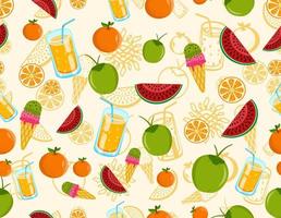 Seamless summer pattern with watermelon, coconut, oranges, ice cream and orange juice vector