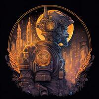 illustration of cyberpunk astronaut with a industrial smoke, mechanic detail on shoulders, pollution, centered inside intricate gold and fire circle of city and Skyscrapers photo