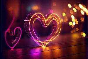 illustration of love heart neon light, decor, bright light, romantic. Love and valentine day concept. Neural network generated art. Digitally generated image. photo