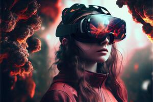 illustration of an enthusiastic young women wearing virtual reality goggles is inside the metaverse. Metaverse concept and virtual world elements. Neural network art photo