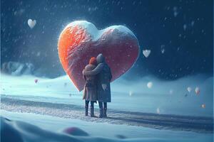 generativo ai ilustración de un tormenta de nieve de amor. Pareja besos en nieve. grande corazón. amor y enamorado día concepto. neural red generado Arte. digitalmente generado imagen. foto