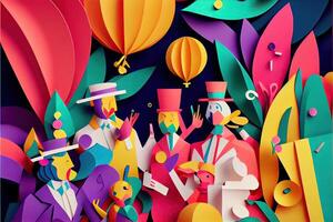 illustration of People in New Year's Eve party background, men and women celebrating holidays together, partying, cheering and dancing. Paper cut craft, 3d paper illustration style. photo