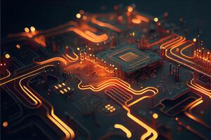 illustration of macro shot of circuit cyberspace board with computer motherboard component microchip with chip structure. Neural network generated art. photo