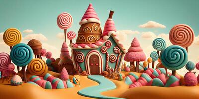 illustration of a sweet and magical world with candy land landscape and gingerbread fantasy house photo