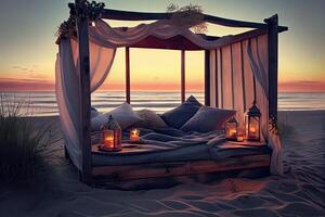 illustration of a romantic evening by the sea, featuring a cozy wooden bed adorned with candles and greetings, all illuminated by the warm glow of a beautiful sunset photo