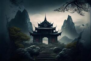 illustration of Fantasy background with mysterious ancient Chinese temple in mountains. Digital artwork. Chinese style. Gaming and art concept. photo