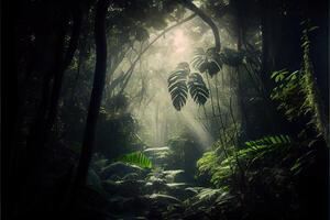 generativo ai ilustración de oscuro selva, Dom rayos mediante el árboles, Rico selva verdor. atmosférico fantasía bosque foto