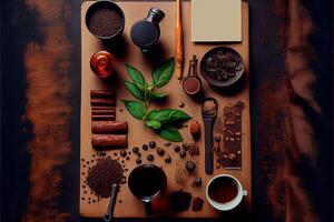 generativo ai ilustración de ingredientes para haciendo café plano laico foto